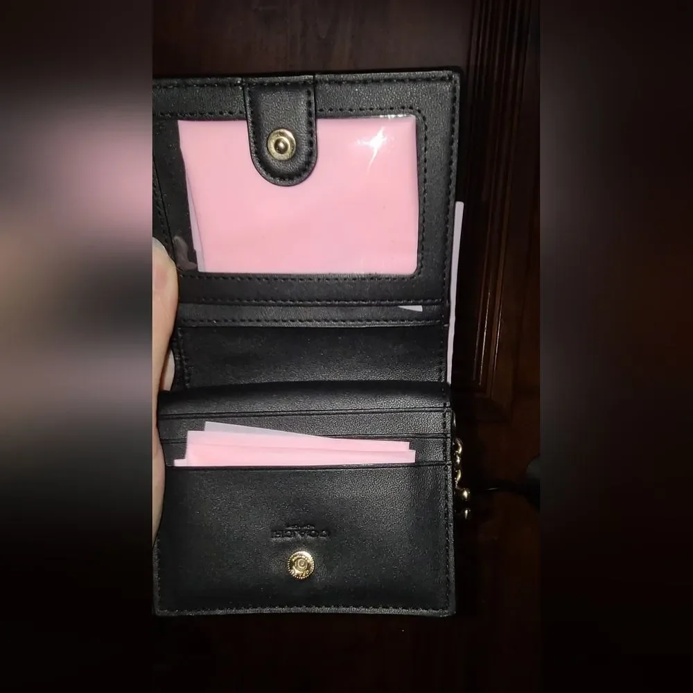 NEW Coach Designer Black Leather Snap Wallet with Gold Accents